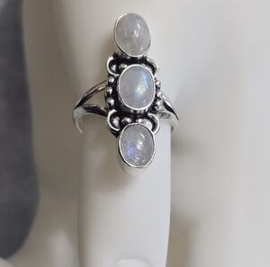 NEW Natural Rainbow Moonstone w/3 Stones 925 Solid Sterling Silver Size 8 Women